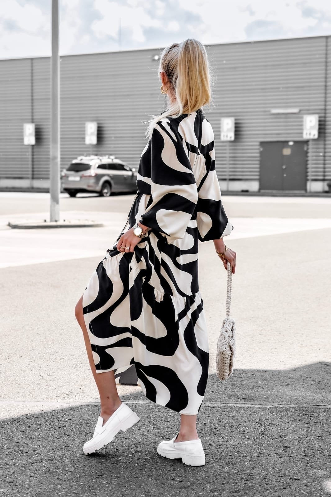 Printed Cuffed Sleeves Shirt Midi Dress