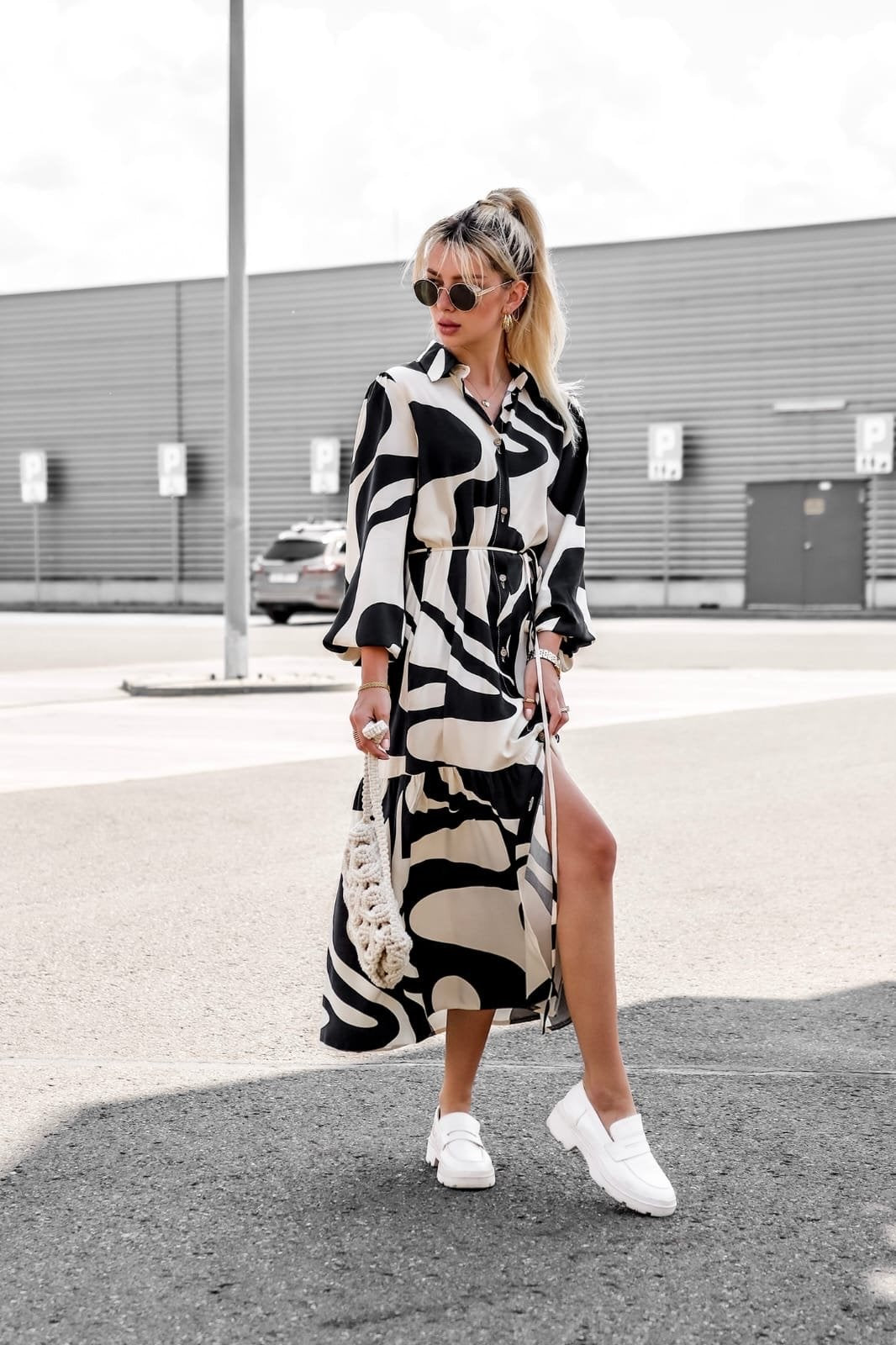 Printed Cuffed Sleeves Shirt Midi Dress