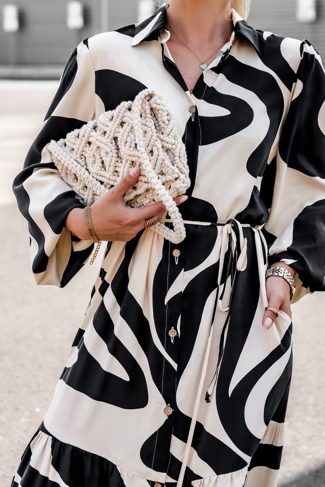 Printed Cuffed Sleeves Shirt Midi Dress