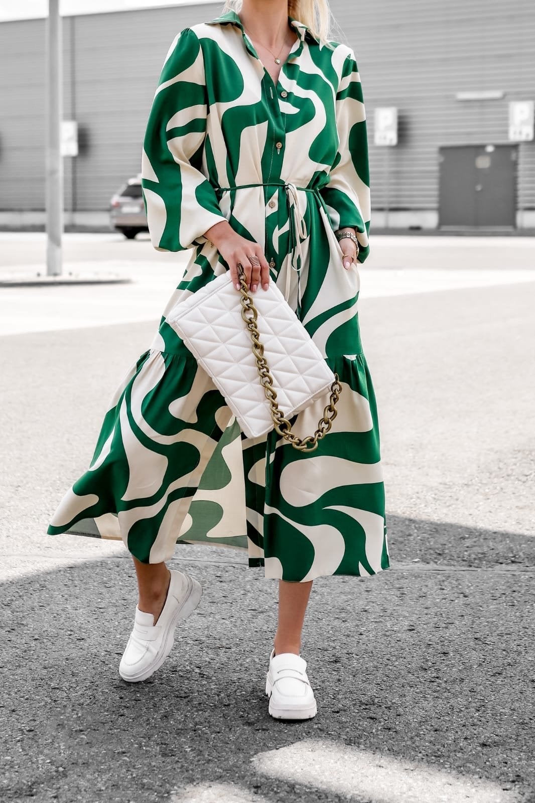 Printed Puff Sleeve Shirt Midi Dress