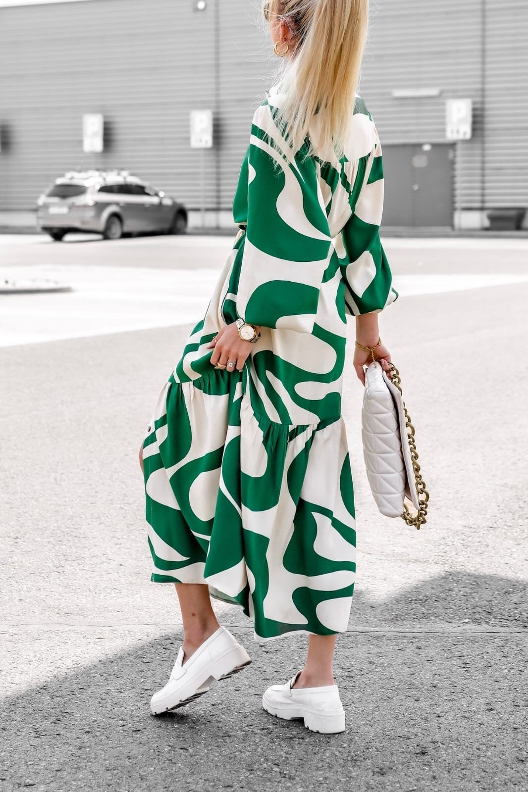 Printed Puff Sleeve Shirt Midi Dress