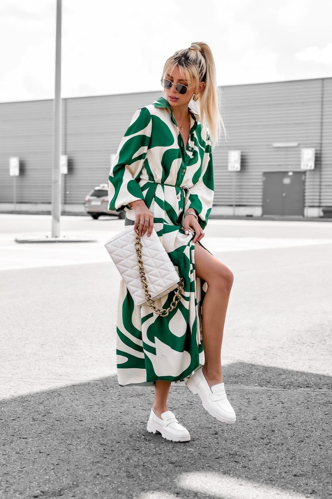 Printed Puff Sleeve Shirt Midi Dress
