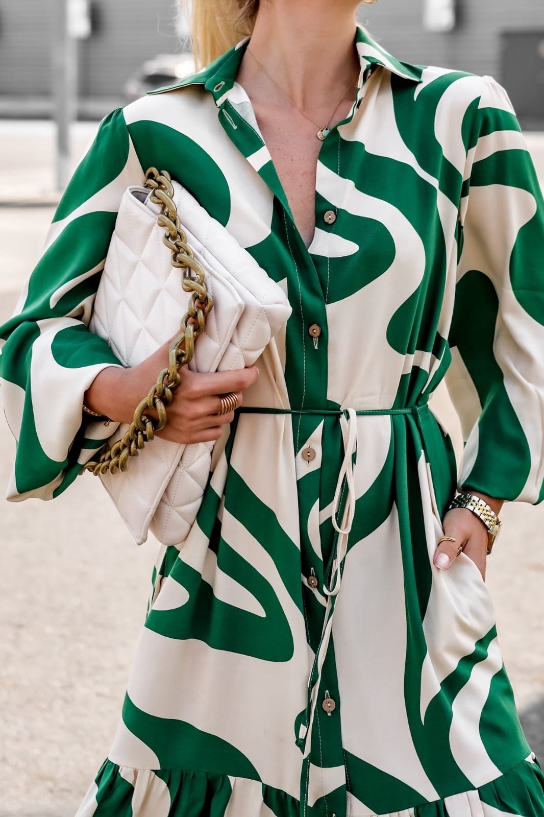 Printed Puff Sleeve Shirt Midi Dress