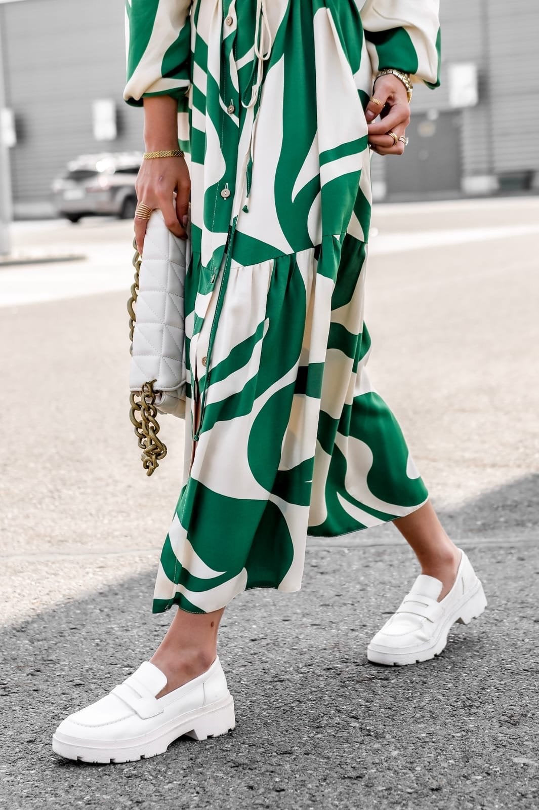 Printed Puff Sleeve Shirt Midi Dress