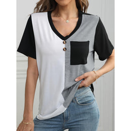 Women Colourblocked Solid V-Neck Top