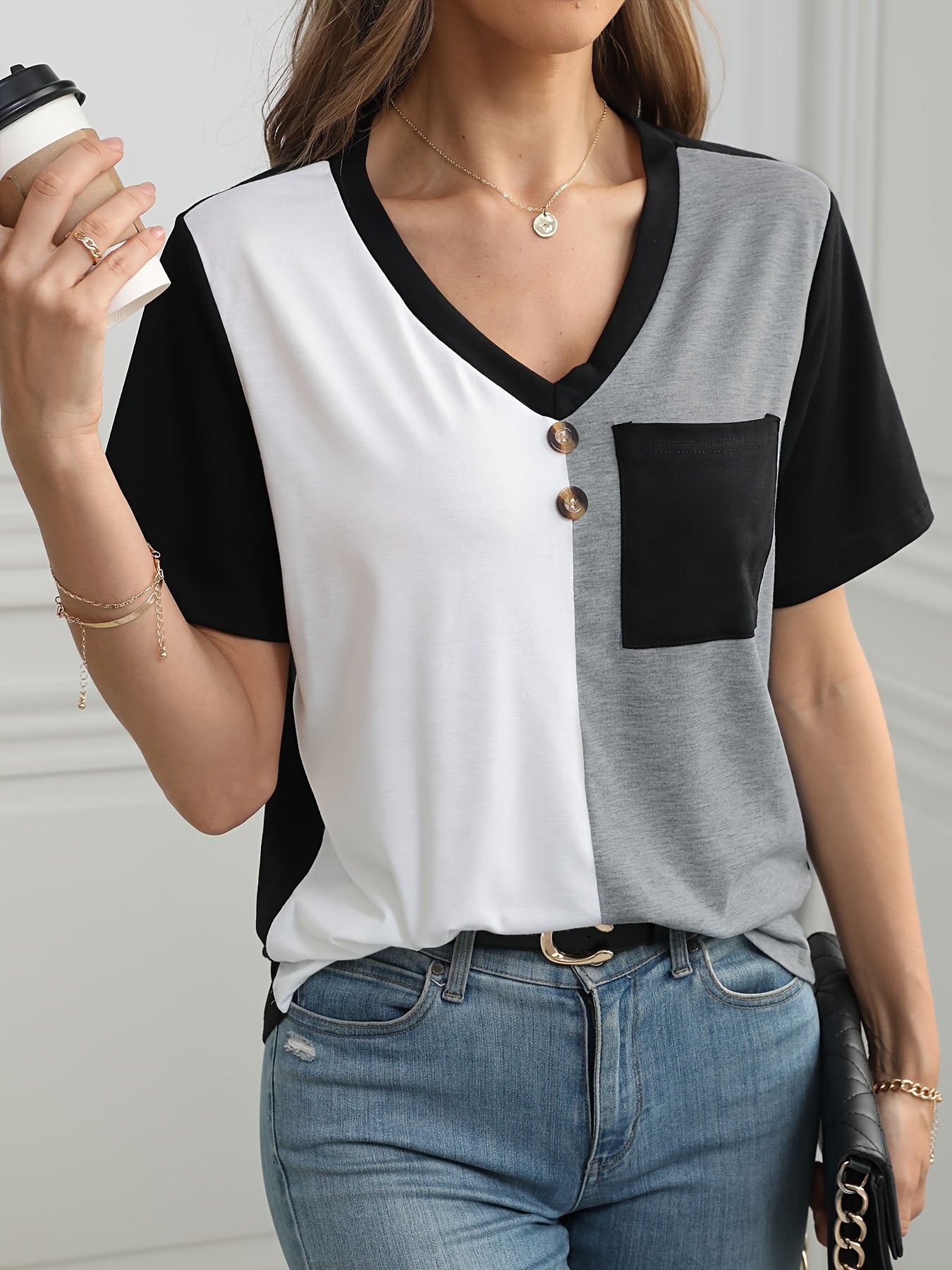 Women Colourblocked Solid V-Neck Top