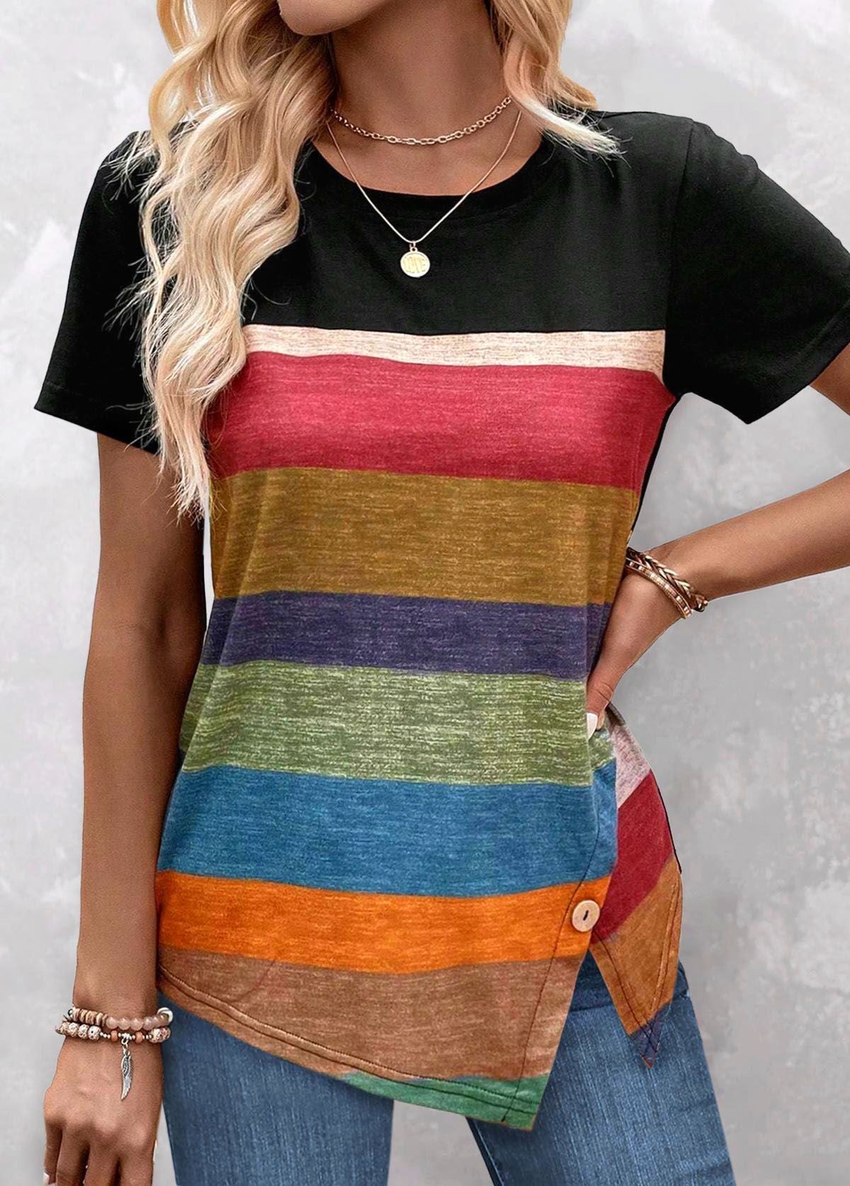 Women Horizontal Stripes Round Neck Top