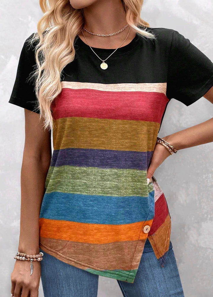 Women Horizontal Stripes Round Neck Top