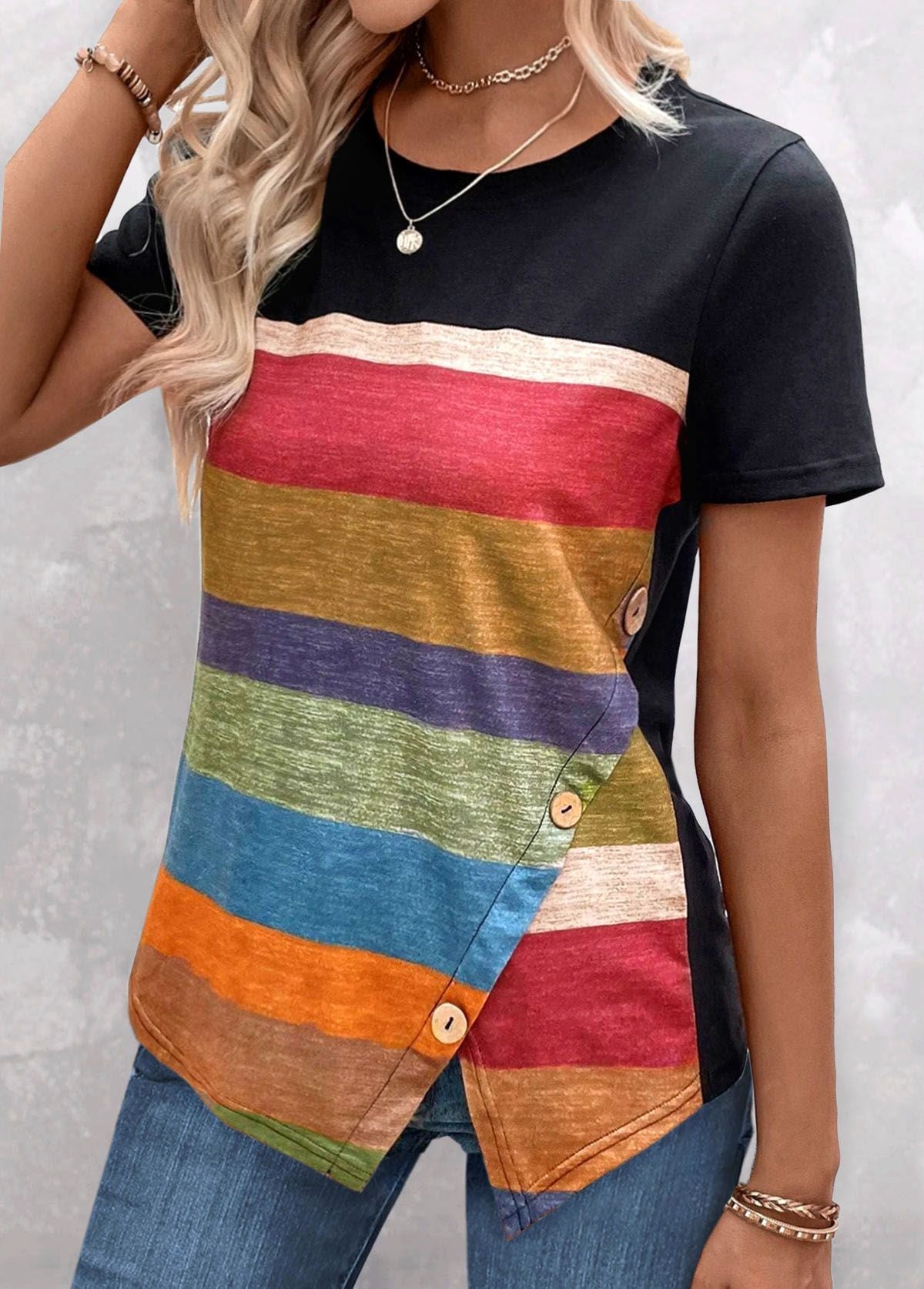 Women Horizontal Stripes Round Neck Top
