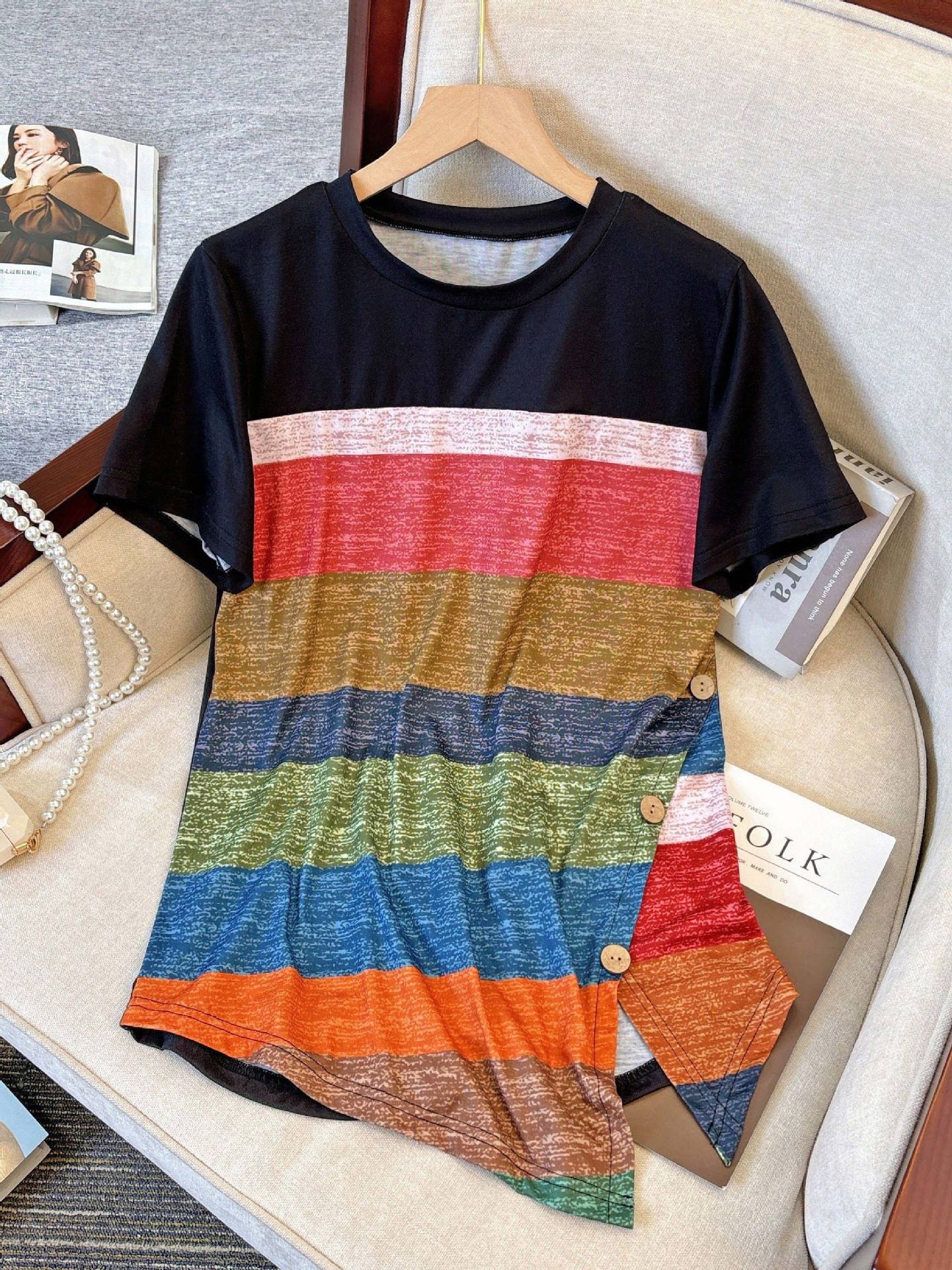 Women Horizontal Stripes Round Neck Top