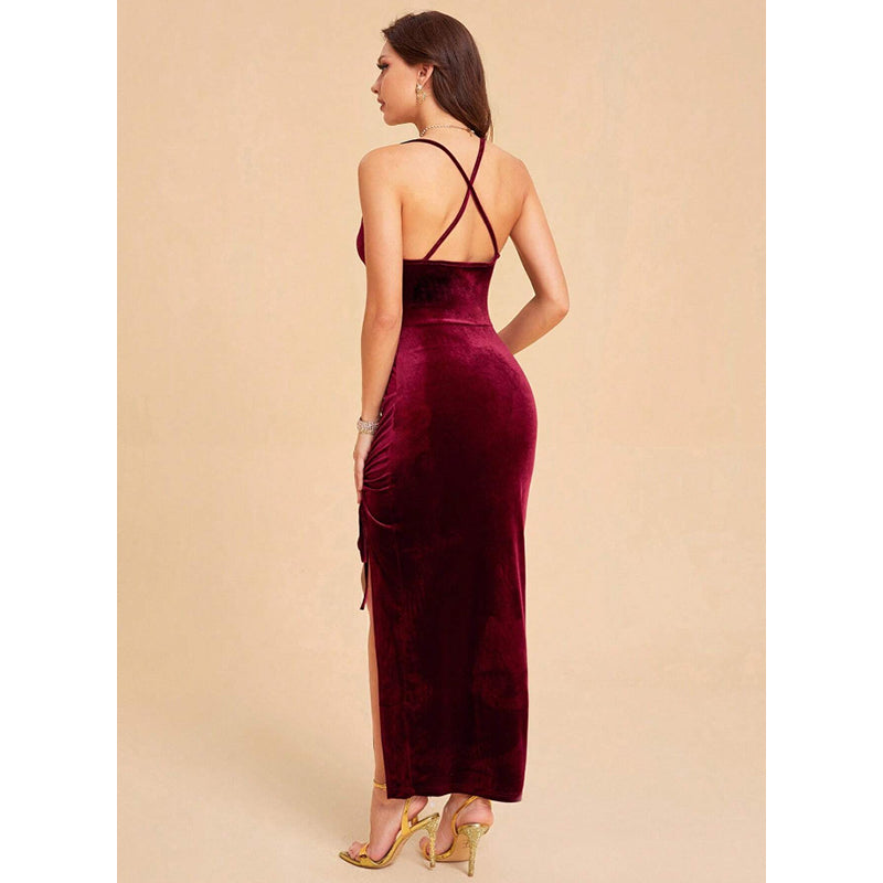 Maroon Shoulder Straps Bodycon Maxi Dress