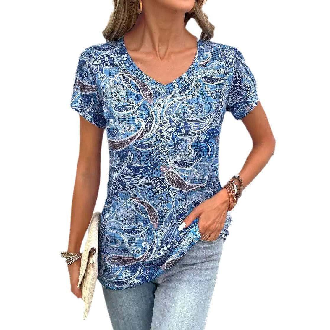 Women Abstract Printed V-Neck Top