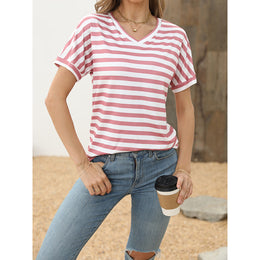Women Striped V-Neck Pockets T-shirt