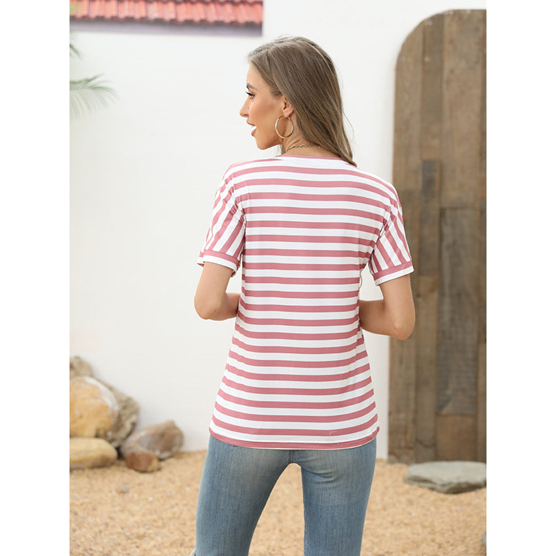 Women Striped V-Neck Pockets T-shirt