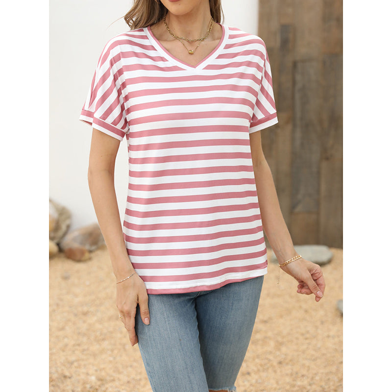 Women Striped V-Neck Pockets T-shirt