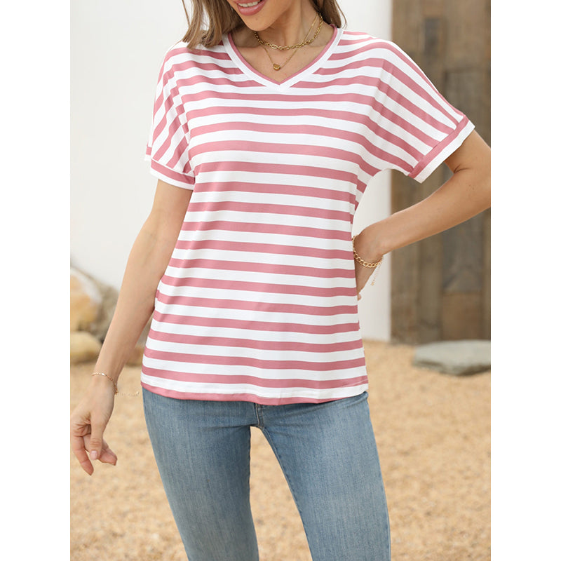 Women Striped V-Neck Pockets T-shirt