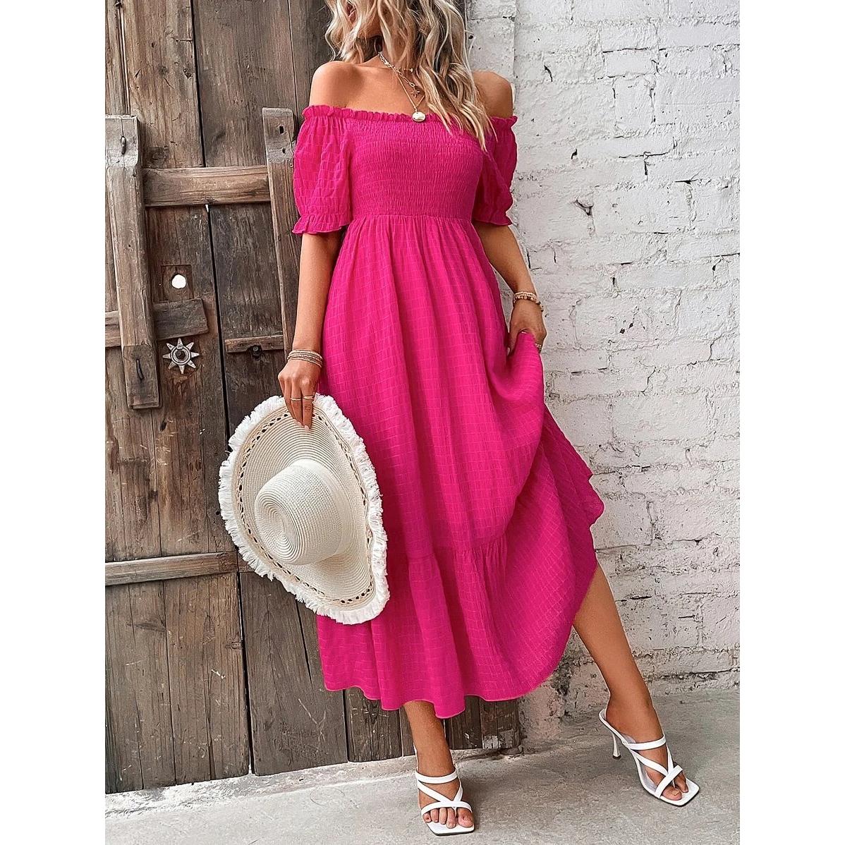 Off-Shoulder Fit & Flare Midi Tiered Dress