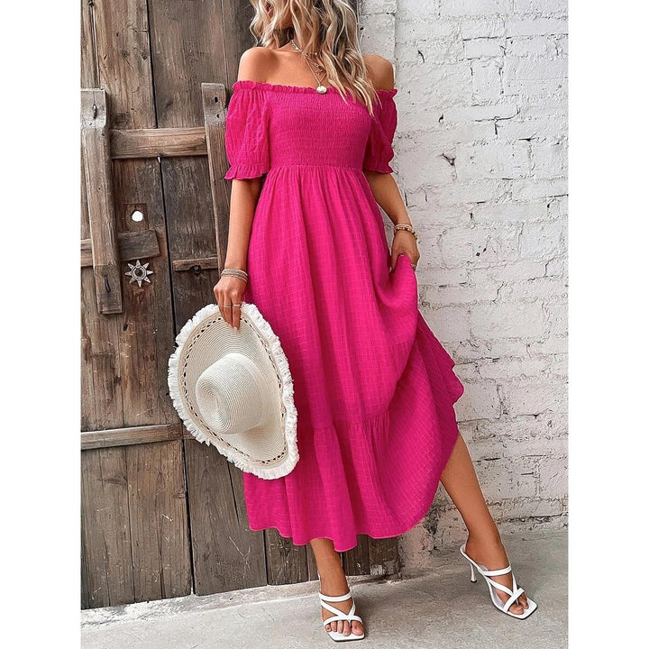 Off-Shoulder Fit & Flare Midi Tiered Dress