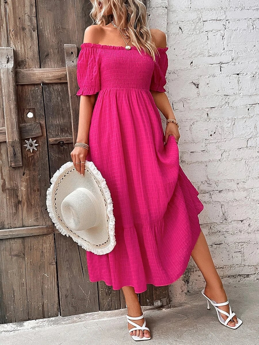 Off-Shoulder Fit & Flare Midi Tiered Dress