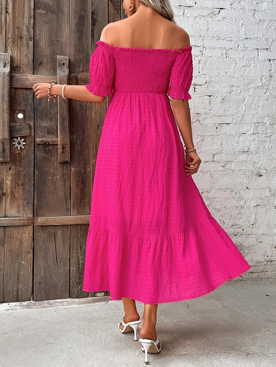 Off-Shoulder Fit & Flare Midi Tiered Dress