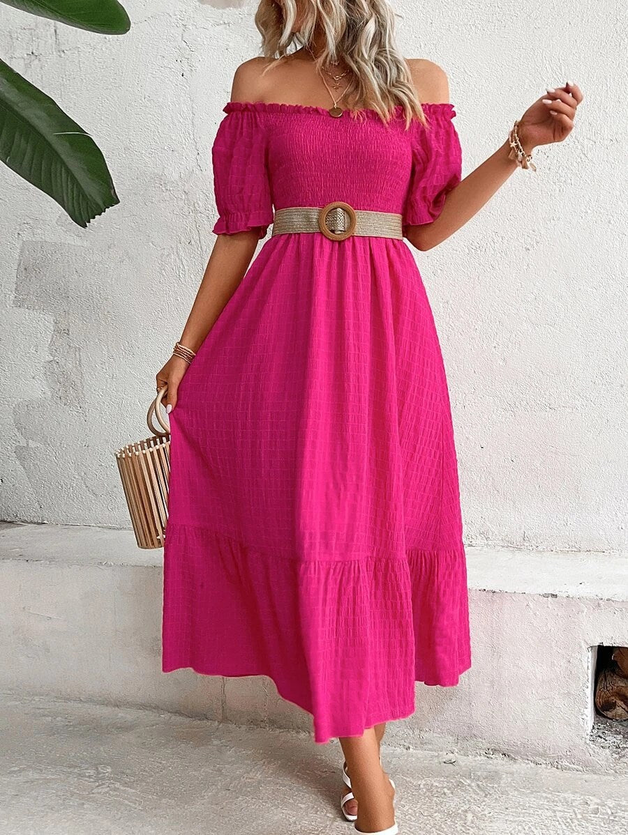Off-Shoulder Fit & Flare Midi Tiered Dress