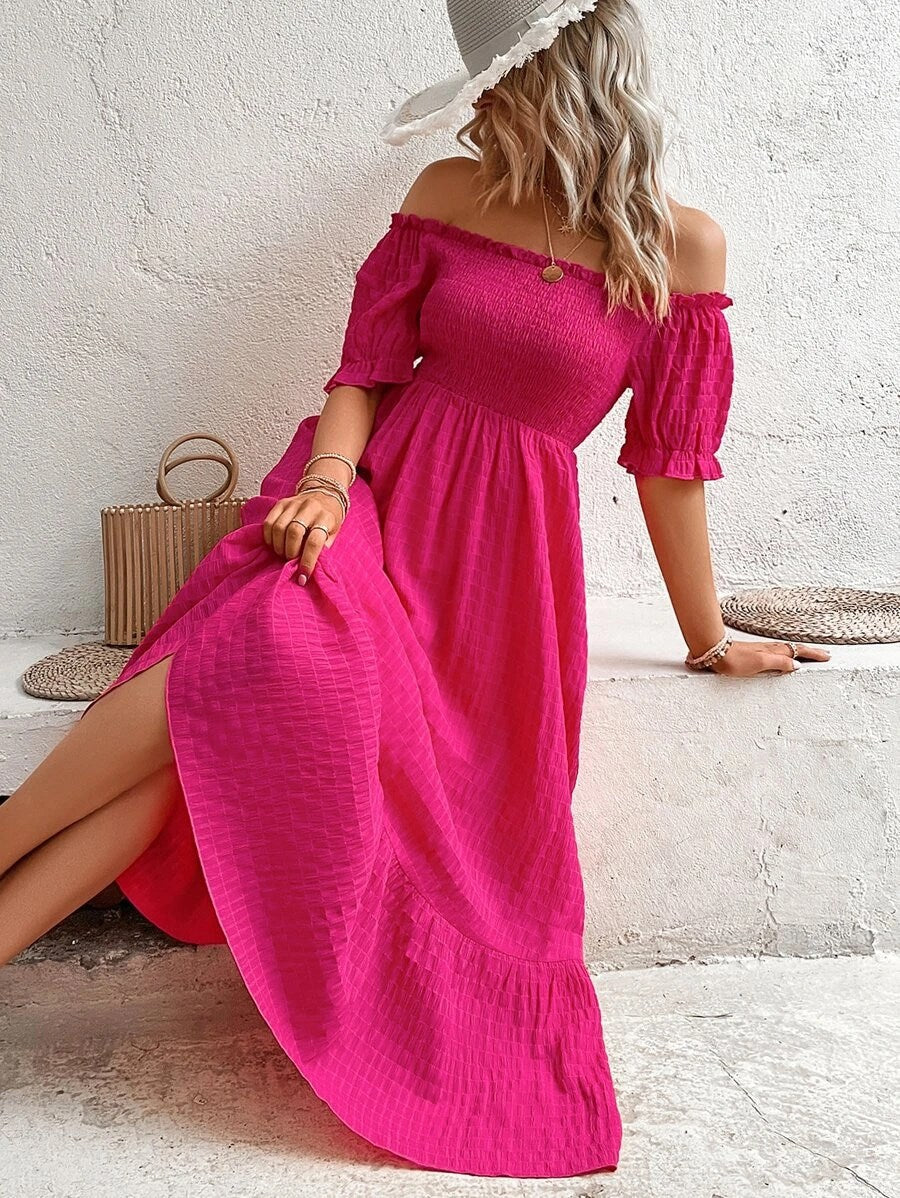 Off-Shoulder Fit & Flare Midi Tiered Dress