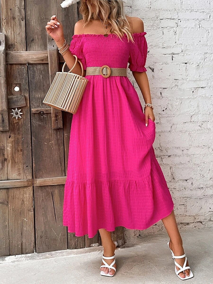 Off-Shoulder Fit & Flare Midi Tiered Dress