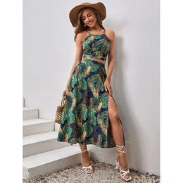 Green Printed Shoulder Straps Top and Skirt