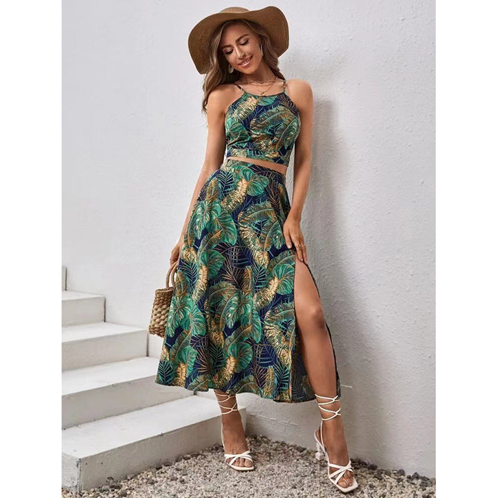 Green Printed Shoulder Straps Top and Skirt