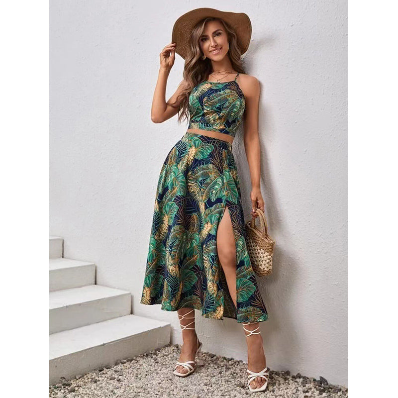 Green Printed Shoulder Straps Top and Skirt