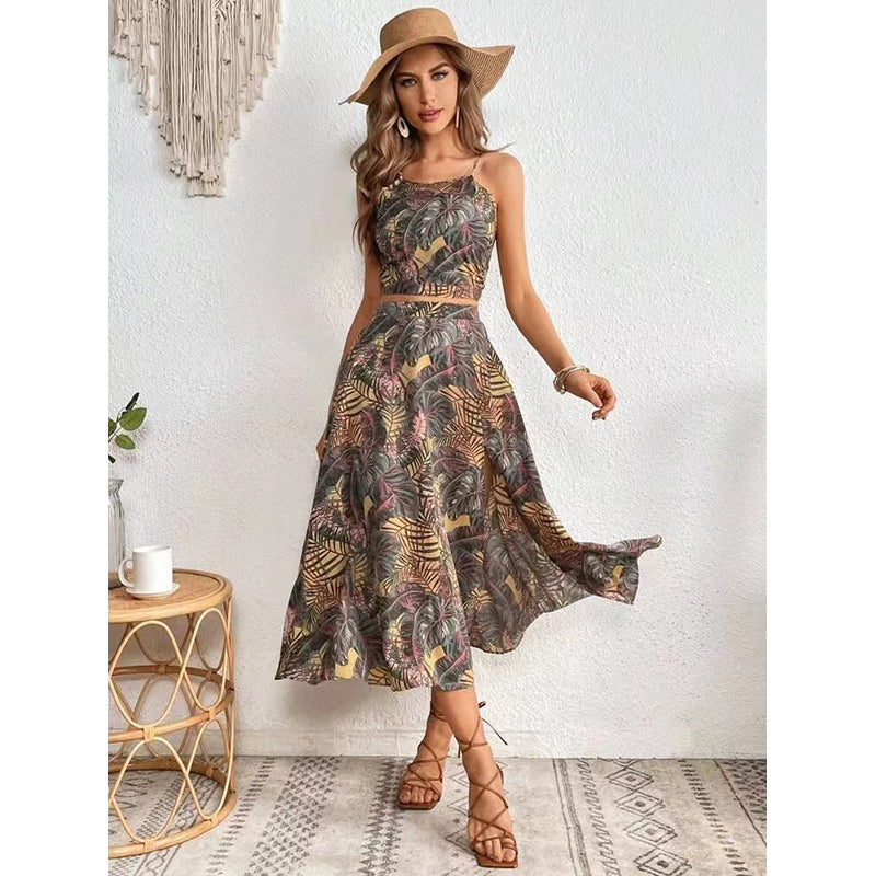 Grey Printed Shoulder Straps Top and Skirt