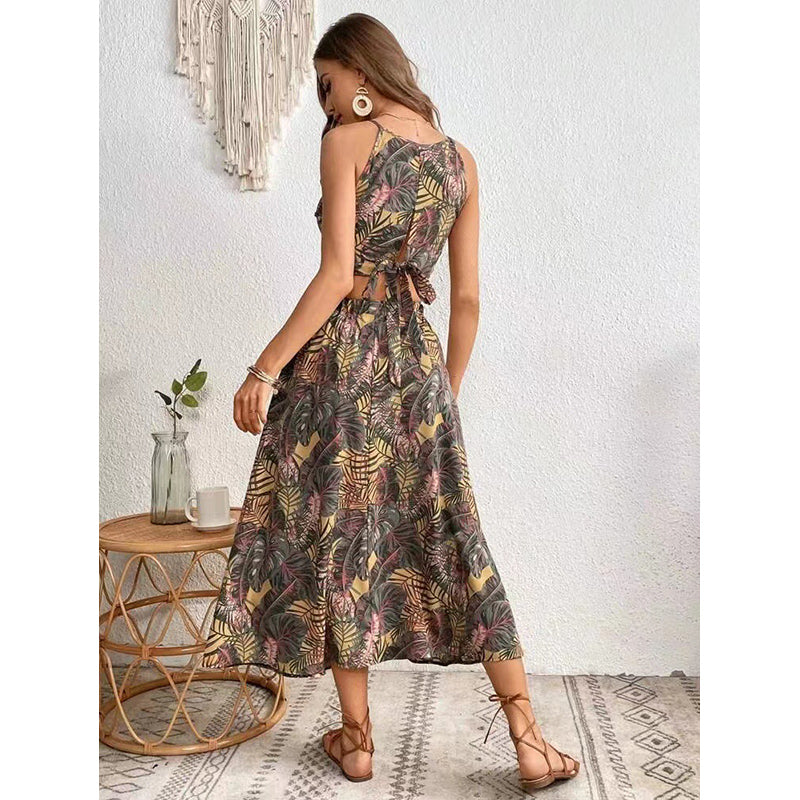 Grey Printed Shoulder Straps Top and Skirt