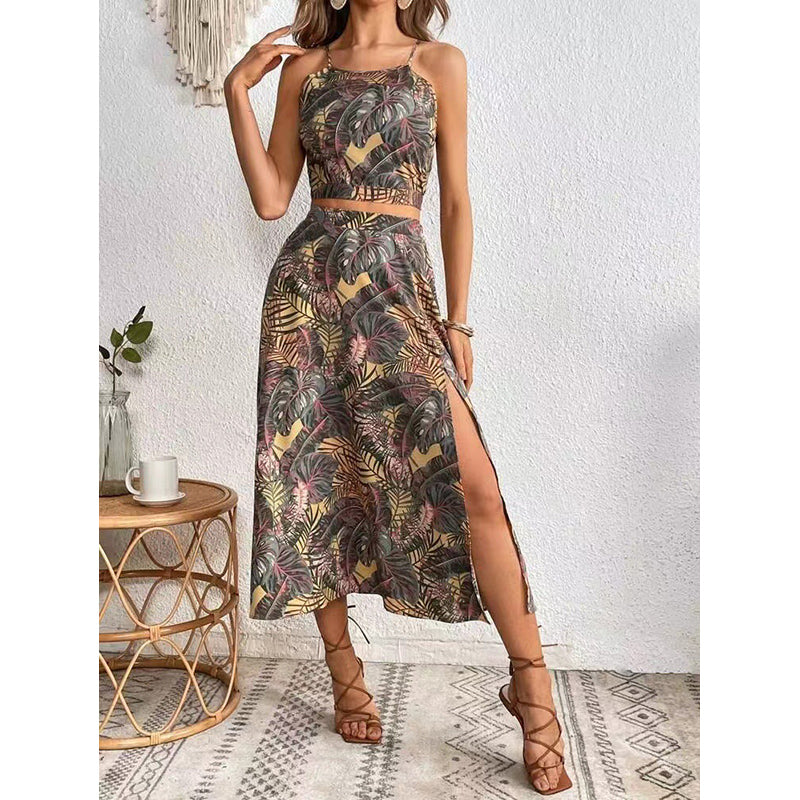 Grey Printed Shoulder Straps Top and Skirt