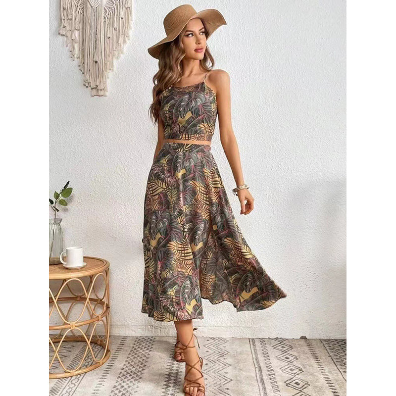 Grey Printed Shoulder Straps Top and Skirt