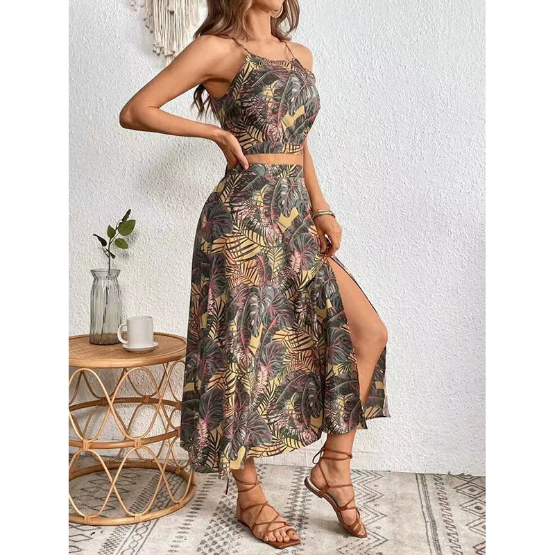 Grey Printed Shoulder Straps Top and Skirt