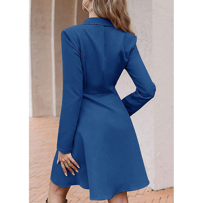 Blue Notched Lapel Collar Long Sleeves A-Line Dress