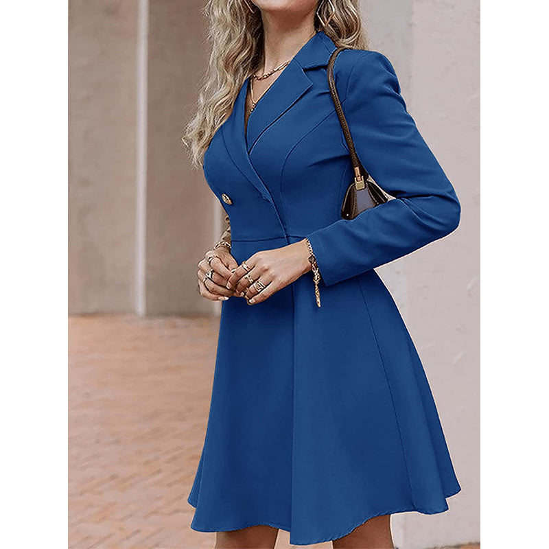 Blue Notched Lapel Collar Long Sleeves A-Line Dress