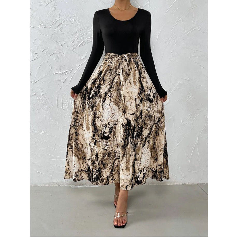 Beige & Black Abstract Printed Round Neck A-Line Dress