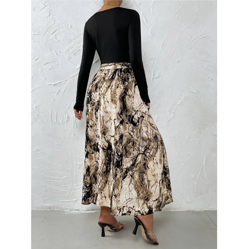 Beige & Black Abstract Printed Round Neck A-Line Dress