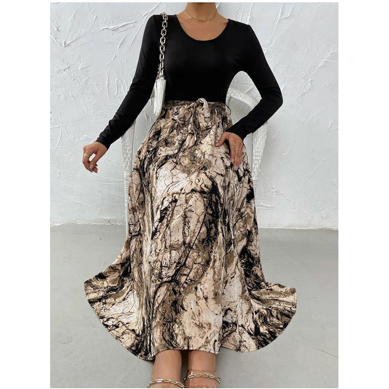 Beige & Black Abstract Printed Round Neck A-Line Dress