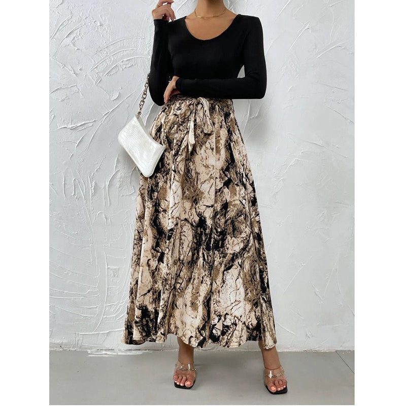Beige & Black Abstract Printed Round Neck A-Line Dress