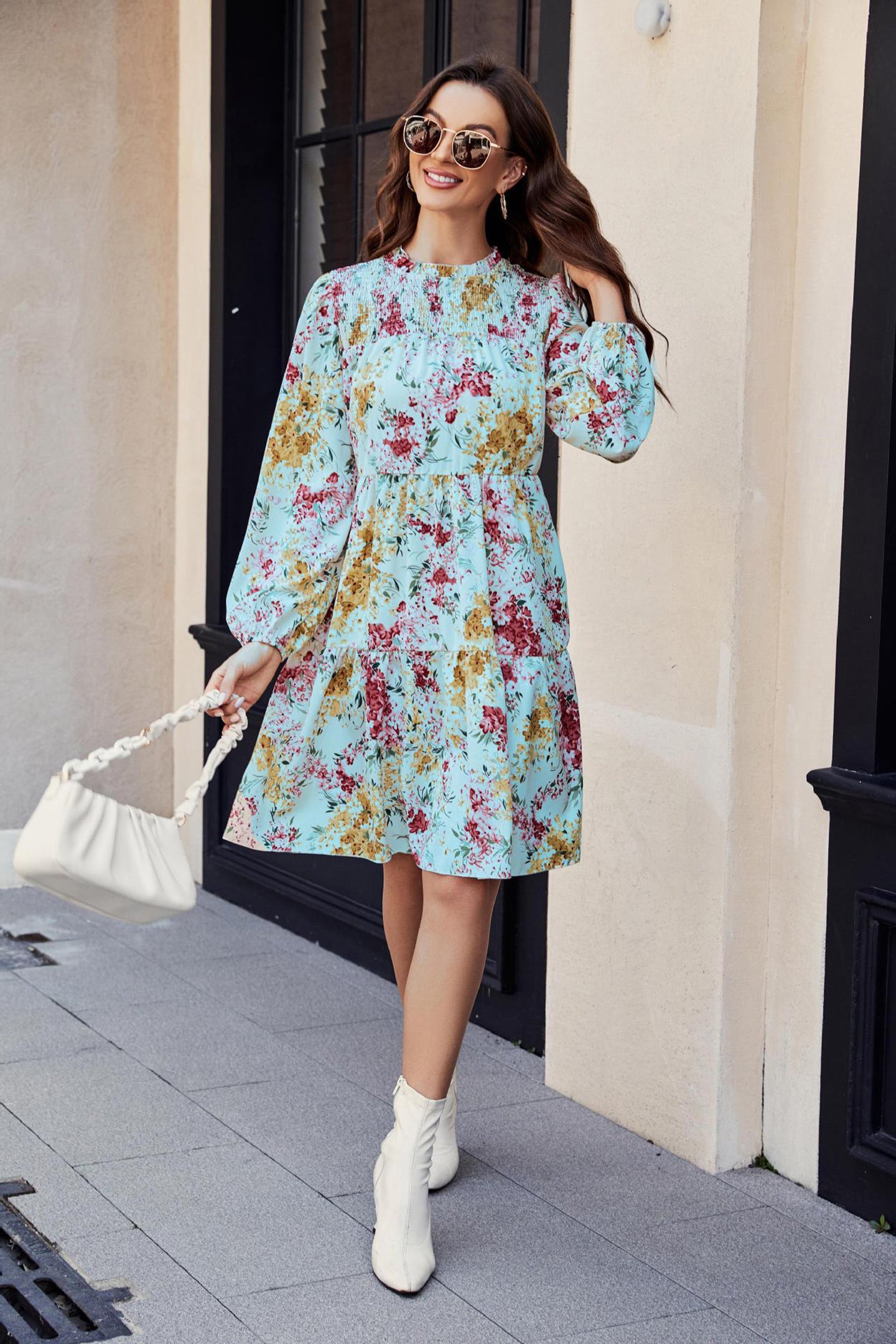 Floral Printed Puff Sleeve A-Line Mini Dress