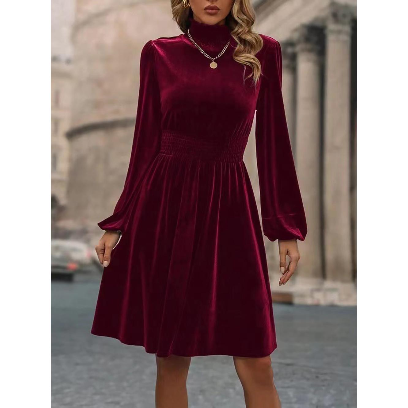 High Neck Puff Sleeves Layered Flared hem A-Line mini Dress