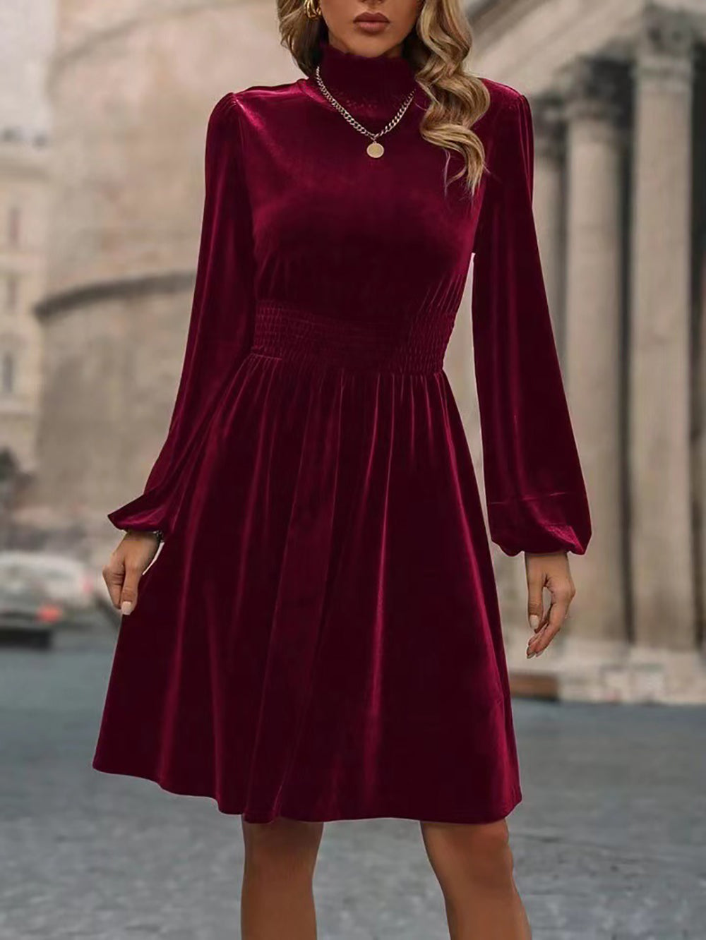 High Neck Puff Sleeves Layered Flared hem A-Line mini Dress
