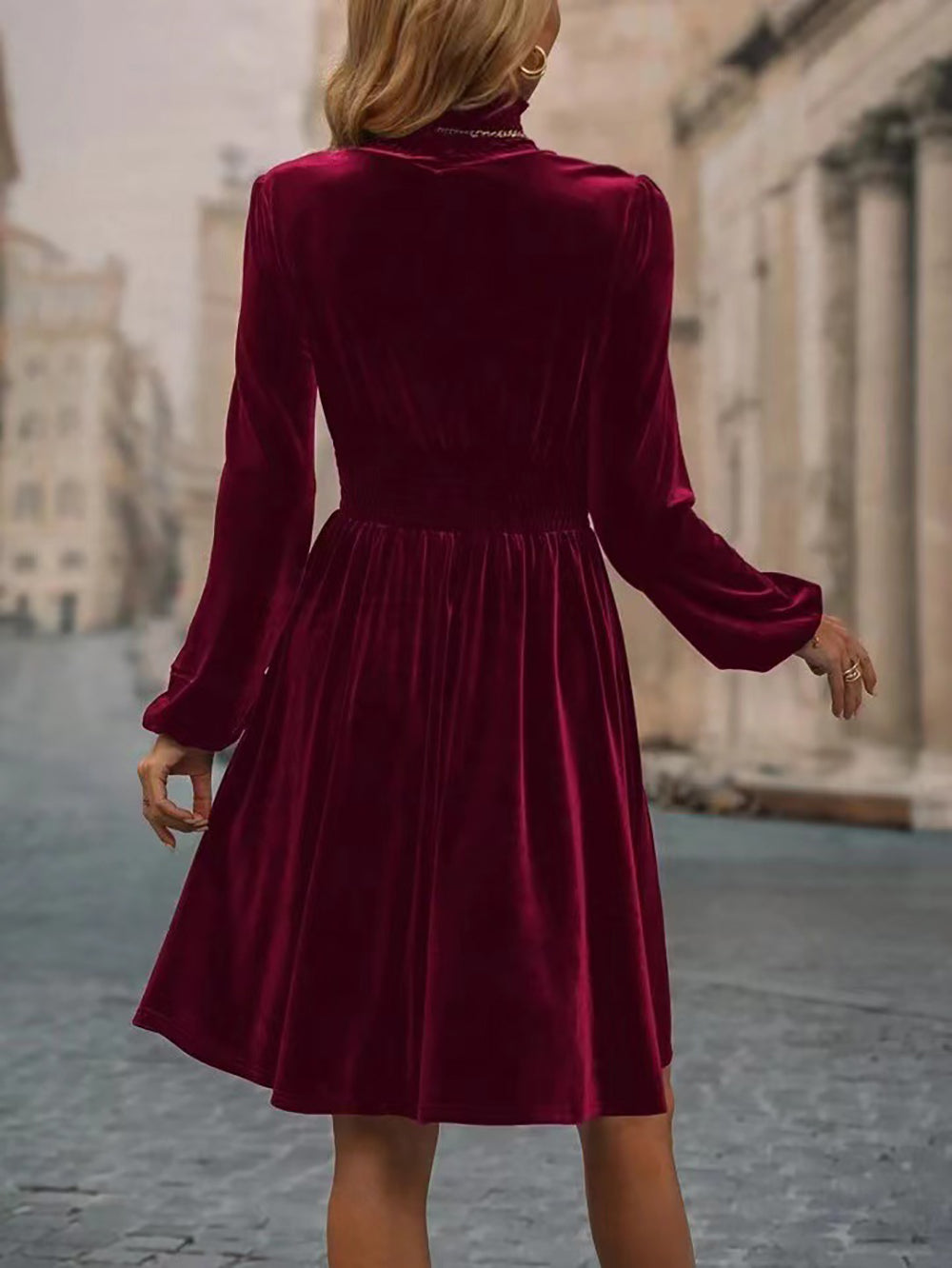 High Neck Puff Sleeves Layered Flared hem A-Line mini Dress