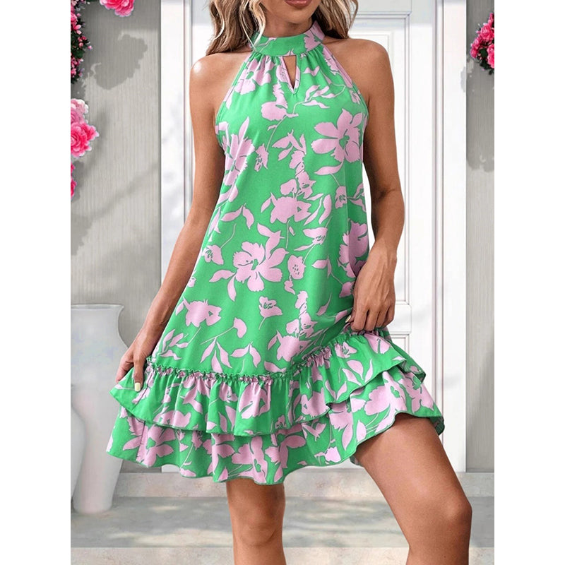 Green & Lavender Floral Printed Layered A-Line Dress