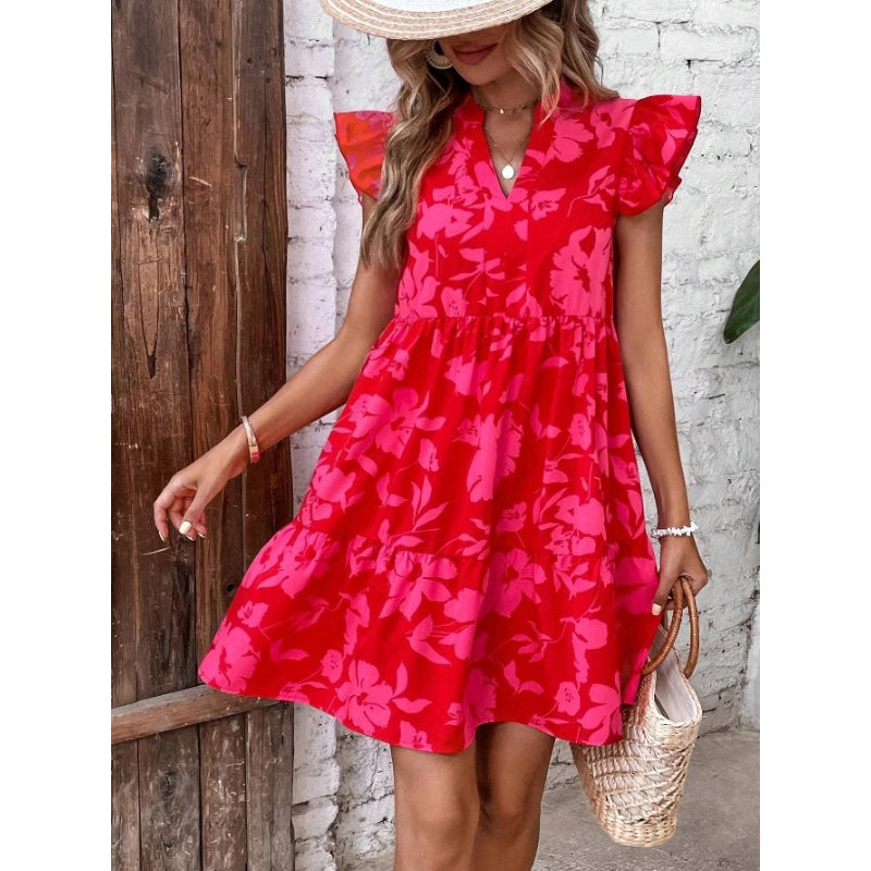 Floral Printed Flutter Sleeve Fit & Flare Dress