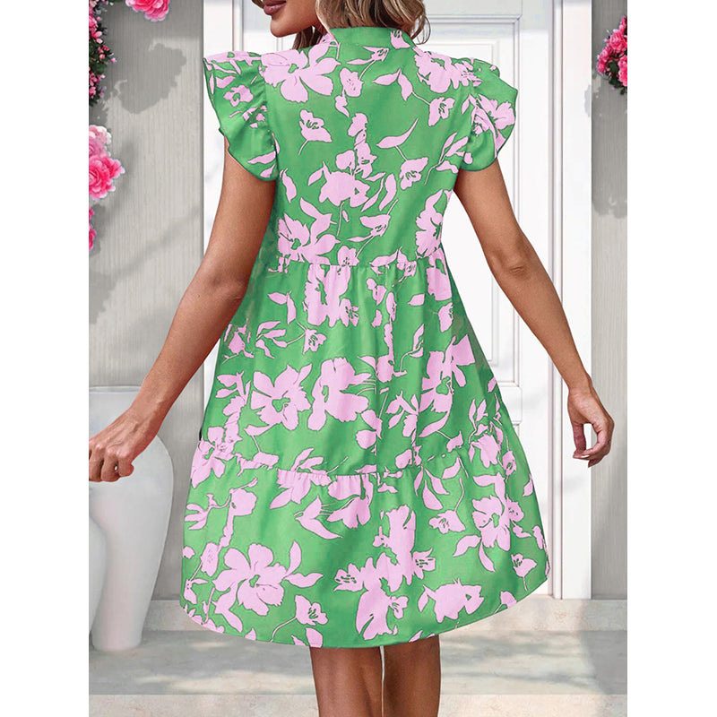 Floral Printed V-Neck Short Sleeves Midi Dress