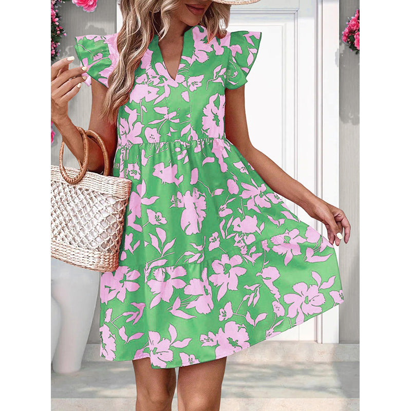 Floral Printed V-Neck Short Sleeves Midi Dress