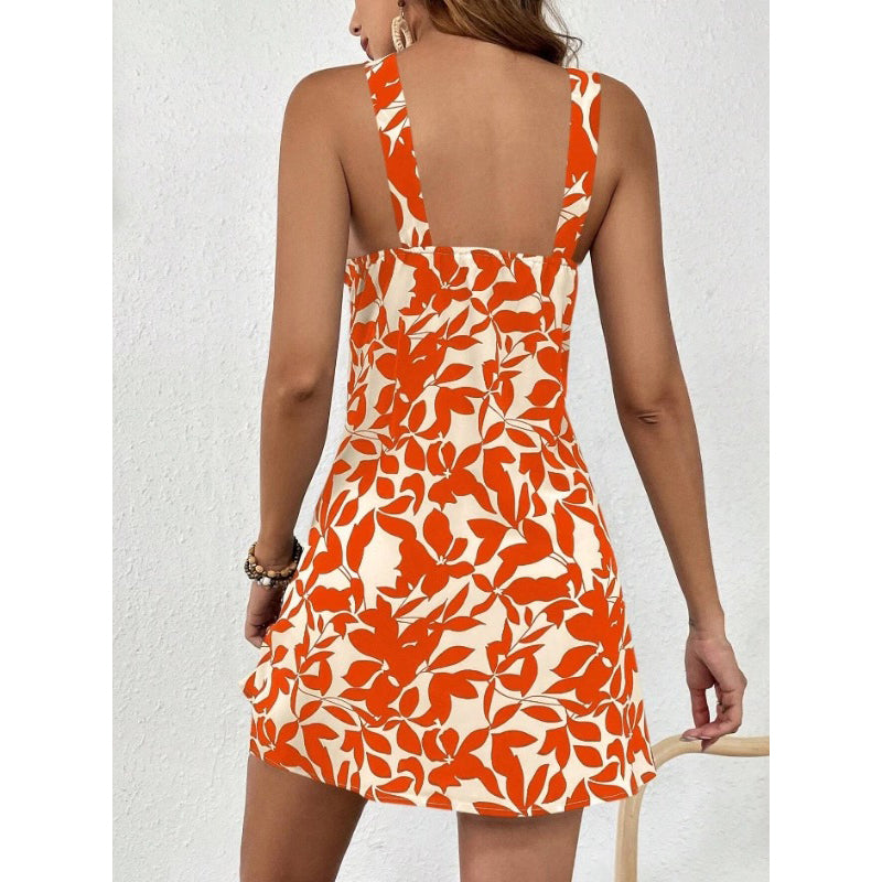 Floral Prined Halter Neck A-Line Mini Flared Dress